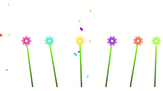 Colorful abstract flowers blooming with confetti on white background.