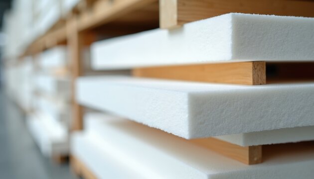 White foam sheets neatly stacked on wooden shelves indoors. Material used for padding insulation or packaging. Industrial or workshop background with light gray floor.