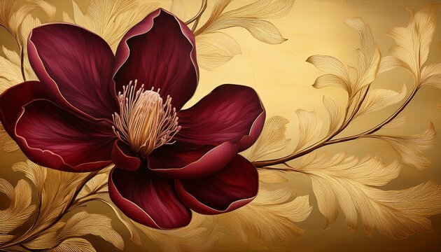 Beautiful Burgundy Magnolia Flower On Vintage Gold Decorative Background As Wallpaper Illustration Elegant Burgundy Flower