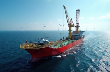 Fototapeta premium Large vessel with crane and helicopter sails on sea. Rows of wind turbines stand in ocean water under clear sky. Offshore wind farm construction and maintenance.