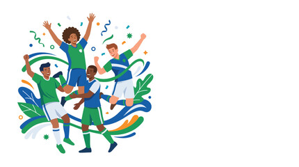 Diverse soccer players celebrating victory with confetti and joy. © Kyle
