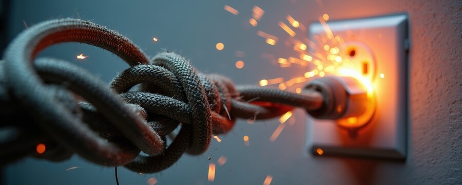 Tangled power cord rips from wall socket creating bright sparks. Electrical hazard, danger and overloaded circuit. Risk of fire, burnout, short circuit