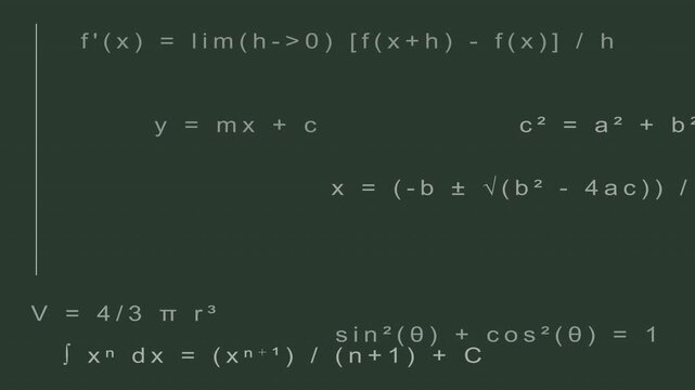 Appearing Mathematical Equations and Calculus Formulas on Dark Green Background