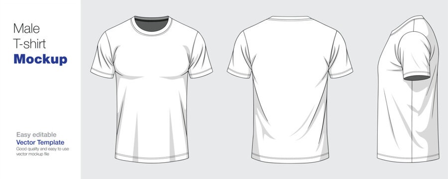 Front, back, and side views of a blank white male t-shirt. Vector template for design.