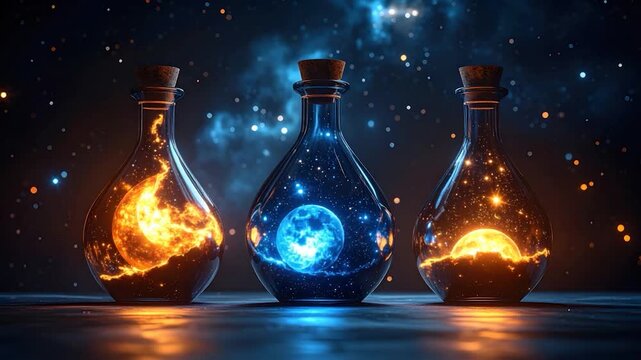 Three bottles, each holding celestial bodies and constellations, sit on a surface