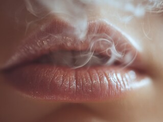 Fototapeta premium Soft focus image of lips with delicate wisps of smoke creating an ethereal and mysterious atmosphere in warm, muted tones for artistic expression