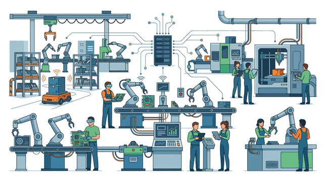 Smart factory with automated robotic arms and workers using vr headsets