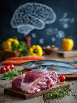 Fresh raw meat and whole fish with assorted colorful vegetables and herbs on wooden cutting boards highlighting healthy brain nutrition concepts on chalkboard in bac