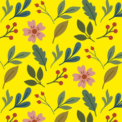 Obraz premium Botanical pattern with flowers and leaves on yellow background