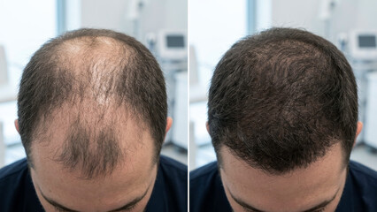 Obraz premium Hair restoration before and after results, male pattern baldness solution, effective hair regrowth treatment, non-surgical hair loss remedy, visible transformation, hair density improvement