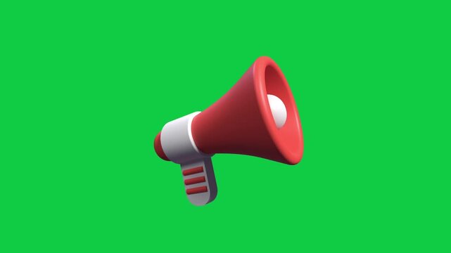Red Megaphone Public Announcement Animated Icon. Animated 3D styled red megaphone speaker icon broadcasting audio messages and public marketing promotions on a green screen.