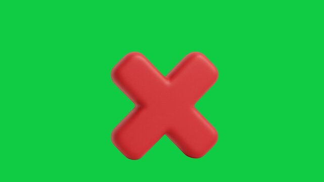 Red Cross Close Reject Animated Icon. Animated 3D styled red cross mark icon indicating cancellation, rejection, error, deletion, or incorrect answers on green screen.
