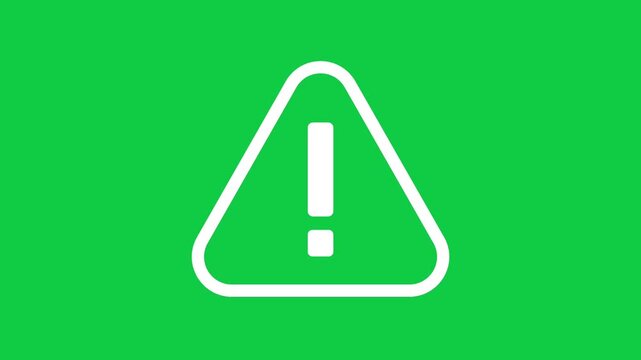 Warning Alert Attention Sign Animated Icon. Animated flat line icon featuring a white exclamation mark inside a triangle warning sign on a green screen.