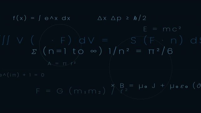 Advanced Physics Formulas and Mathematical Equations on Dark Blue Background
