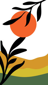 Abstract Botanical Branch Orange Sun Minimalist Landscape Vector Illustration