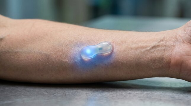 Medical implant with blue glowing light on human arm