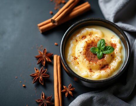 Portuguese arroz doce dessert in bowl with cinnamon and mint leaf. Creamy sweet custard dish with anise star and spice sticks on dark background.