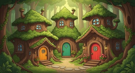 Fototapeta premium Whimsical small wooden houses with mossy roofs and colorful doors nestled in dense green magical forest. Fantasy home concept 