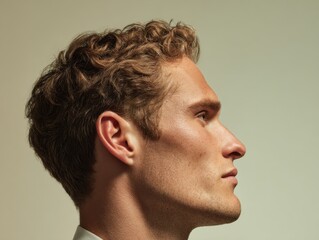 Naklejka premium Profile portrait of a confident young man with curly hair showcasing a strong jawline and focused expression against a neutral background for professional use