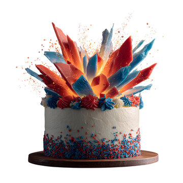 Patriotic celebration cake with red and blue sugar shards exploding from frosting on a wooden base against a clean white background for festive events