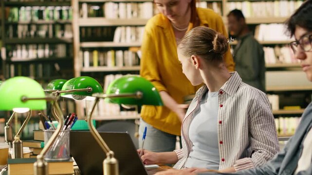 Tutor and student discuss research beside laptop and stacked books in library, offering academic guidance with collaborative learning at study desk with green.