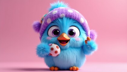 Obraz premium Cute blue bird character wears purple polka dot hat. Fluffy chick holds round toy, waves hello. Adorable, cheerful, fluffy creature, good for kids content.