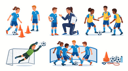 Fototapeta premium Set of cartoon children playing soccer football with coach and equipment.