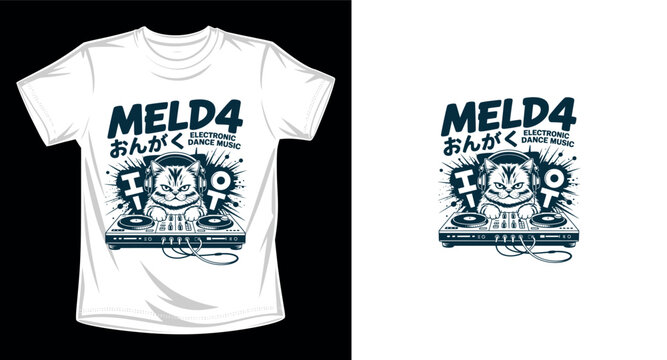 Meld4 electronic dance music cat dj t shirt design vector illustration.