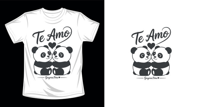 Cute pandas couple t-shirt design with romantic te amo text and heart illustration for valentines day gift or couple fashion.