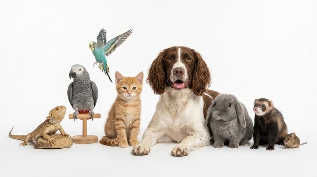 Group of various pets including a dog, cat, rabbit, ferret, parrot, parakeet, lizard, and mouse isolated on white background
