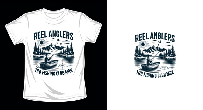 Vintage style reel anglers fishing club t-shirt design with fisherman in boat on mountain lake landscape scenery.