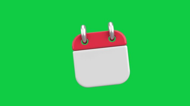 Blank Red Calendar Reminder Animated Icon. Animated 3D styled calendar icon with a blank white page and red header floating on a green screen.