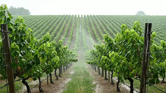 Scenic vineyard rows in light rain: lush green grapevines on a misty summer day in the countryside winery