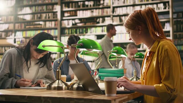 Red-haired woman student drinking coffee while using laptop at library desk, combining academic focus of writing assignment with small study break.