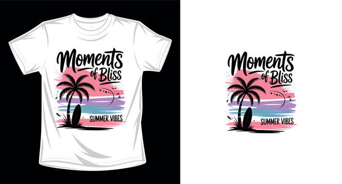 Summer vibes beach t shirt design with moments of bliss quote and tropical palm tree landscape.