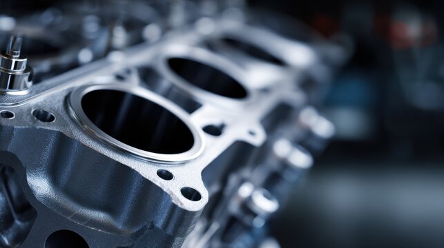 Detailed view of a shiny metallic engine block highlighting precision machining and circular chambers in an automotive workshop setting with blurred background eleme