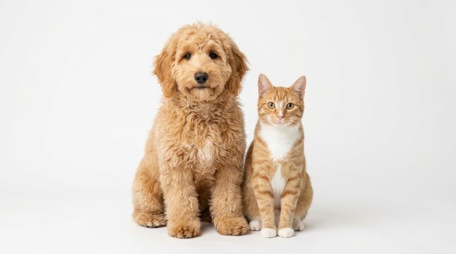 A cute goldendoodle puppy sitting next to an orange tabby cat, isolated on white background