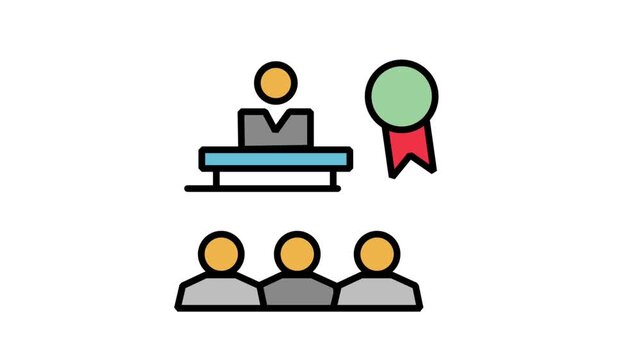 Award Winning Business Presentation Animated Icon. Animated flat line icon depicting a speaker presenting to a group with a premium quality ribbon badge award symbol.