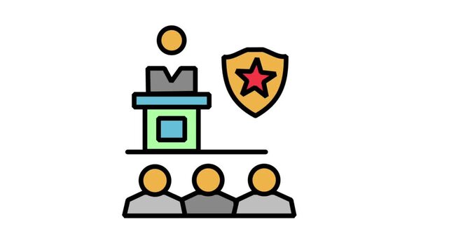 Business Seminar Security Protection Animated Icon. Animated flat line icon showing a speaker on a podium presenting to an audience with a secure protective shield emblem.