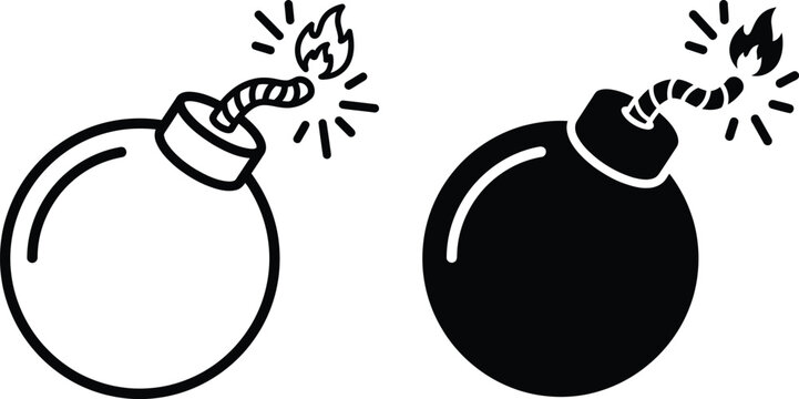 Black and white bomb icon set with burning fuse and explosion sparks