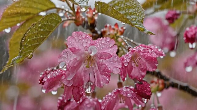 Pink cherry blossom flowers in spring rain close-up with water droplets and soft focus background sakura