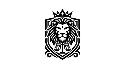 Fototapeta premium Lion head with scales of justice on shield emblem vector graphic
