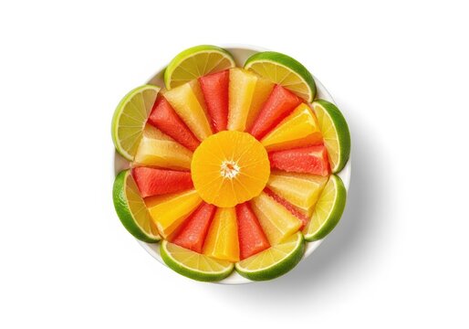 Bright, refreshing bowl of colorful citrus fruit salad including segmented oranges, pink grapefruit, and lime wedges on a white background, produce, grapefruit, salad