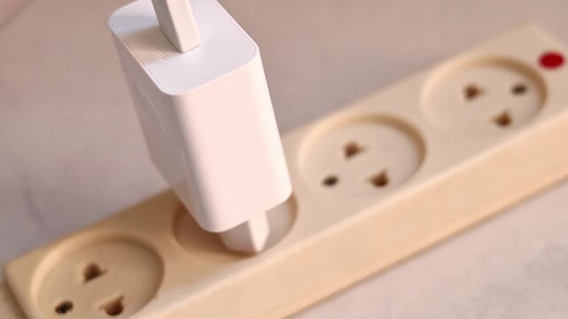 Close up of hand plugging a white smartphone charger adapter into an extension cord socket, mobile phone battery charging concept.