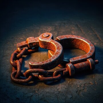 Heavy, weathered iron shackles lying abandoned on a dark, textured surface, representing involuntary servitude and confinement, abandoned, weathered, history
