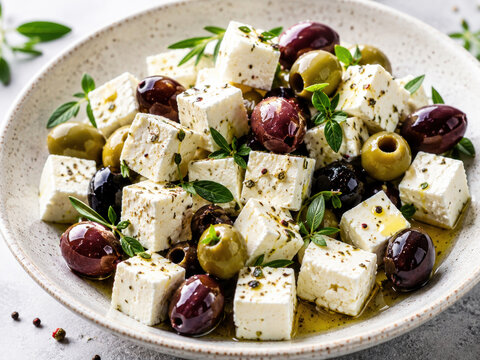 Marinated feta cheese with mixed olives and fresh herbs