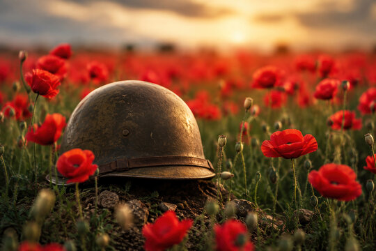 Old military helmet in red poppy field at sunset