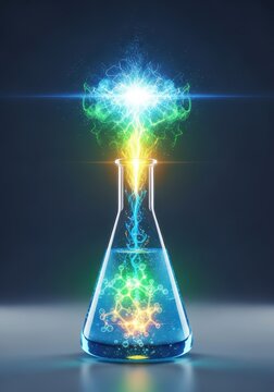 Abstract representation of sustainable power derived from acetic liquid, illustrating a powerful chemical reaction in a laboratory, future, cooking, experiment