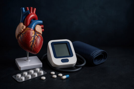 Blood pressure monitor with anatomical heart model and medication