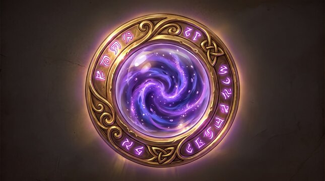 magical game elements, a glowing circular mana orb framed by arcane runes in purple and gold